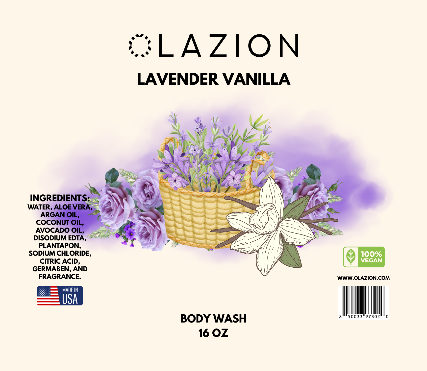 Lavender Vanilla Vegan Moisturizing Hair and Body Wash